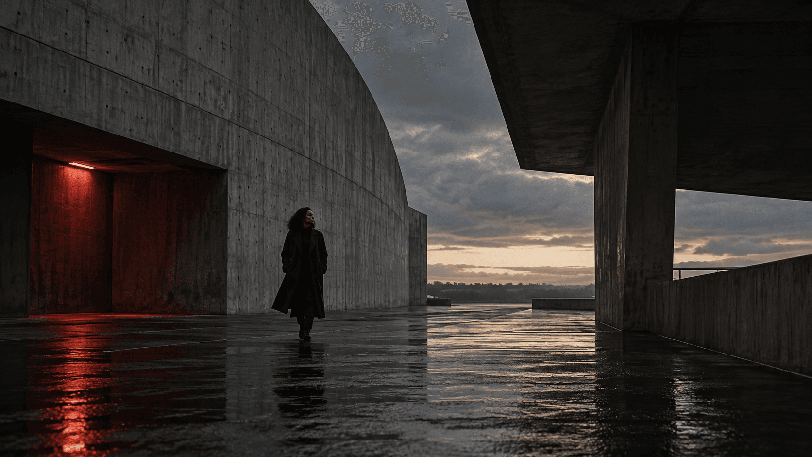 A figure walking through monumental concrete architecture